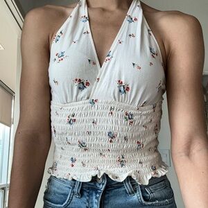American Eagle, halter top, yellow, crème, florals